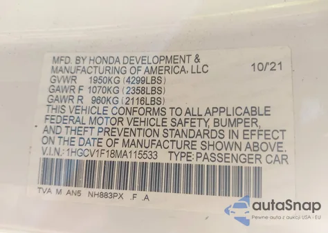 2021 Honda Accord Lx z USA, uszkodzony, nr VIN 1HGCV1F18MA115533